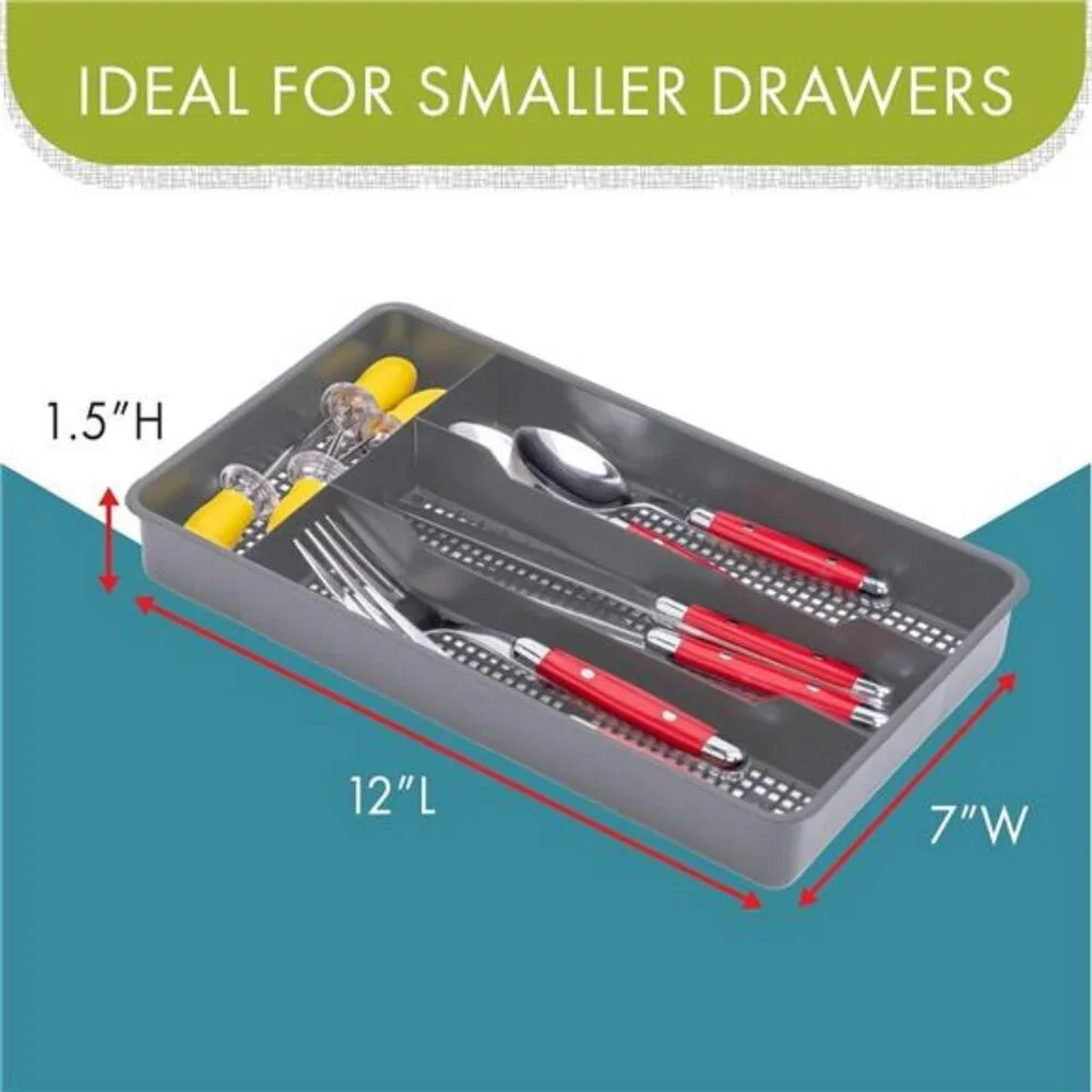 Small Silverware Tray Kitchen Utensil Drawer Organizer Grey Plastic Cutlery Hold